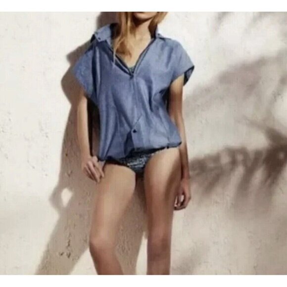 Derek Lam for Design Nation Jacket Blue Chambray Organic Cotton Blend Hooded L - Picture 11 of 12